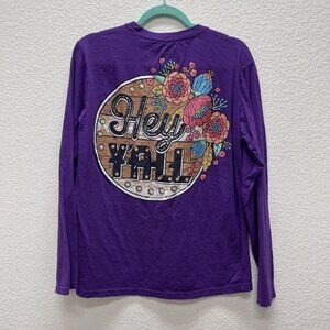 Southern Hey Y'all Womens Size M T-Shirt Long Sleeved Texas Girl Purple Graphic